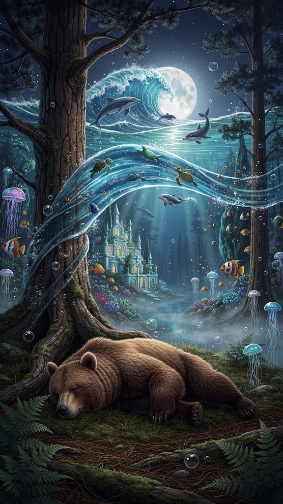 A majestic brown bear peacefully sleeping beneath an ancient pine tree while dreaming of an endless sapphire ocean it has never seen. Above and around
