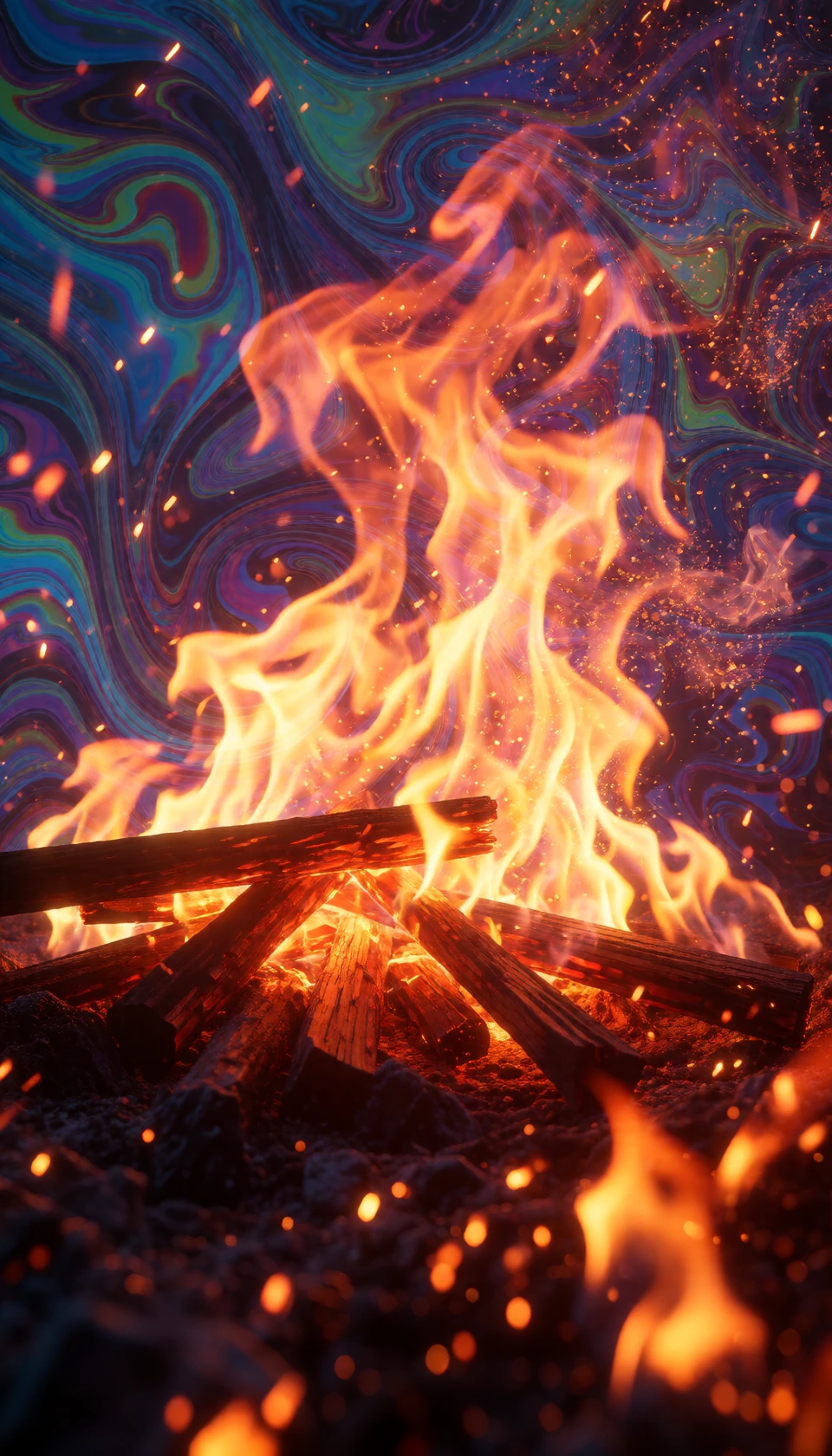 Glowing embers floating in suspended animation. Growing and growling breathing, I can't escape the feeling I get when the flames reach for the stars. 