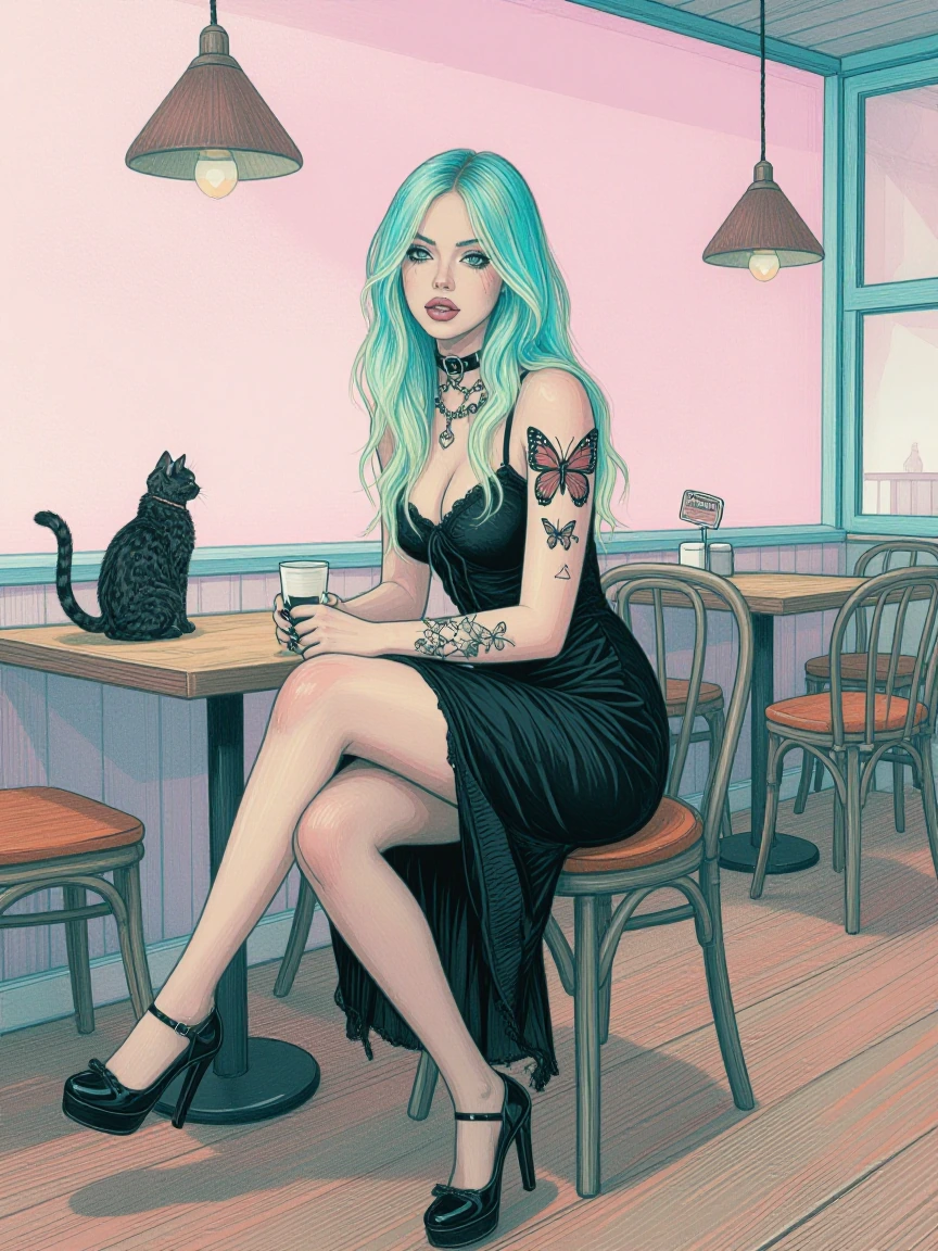 beautiful goth woman at a cafe, with a cat, butterfly tattoo, pastel aqua ombrΓ© hair, full body, beautiful pastel background, luminism, ink illustration, artsy