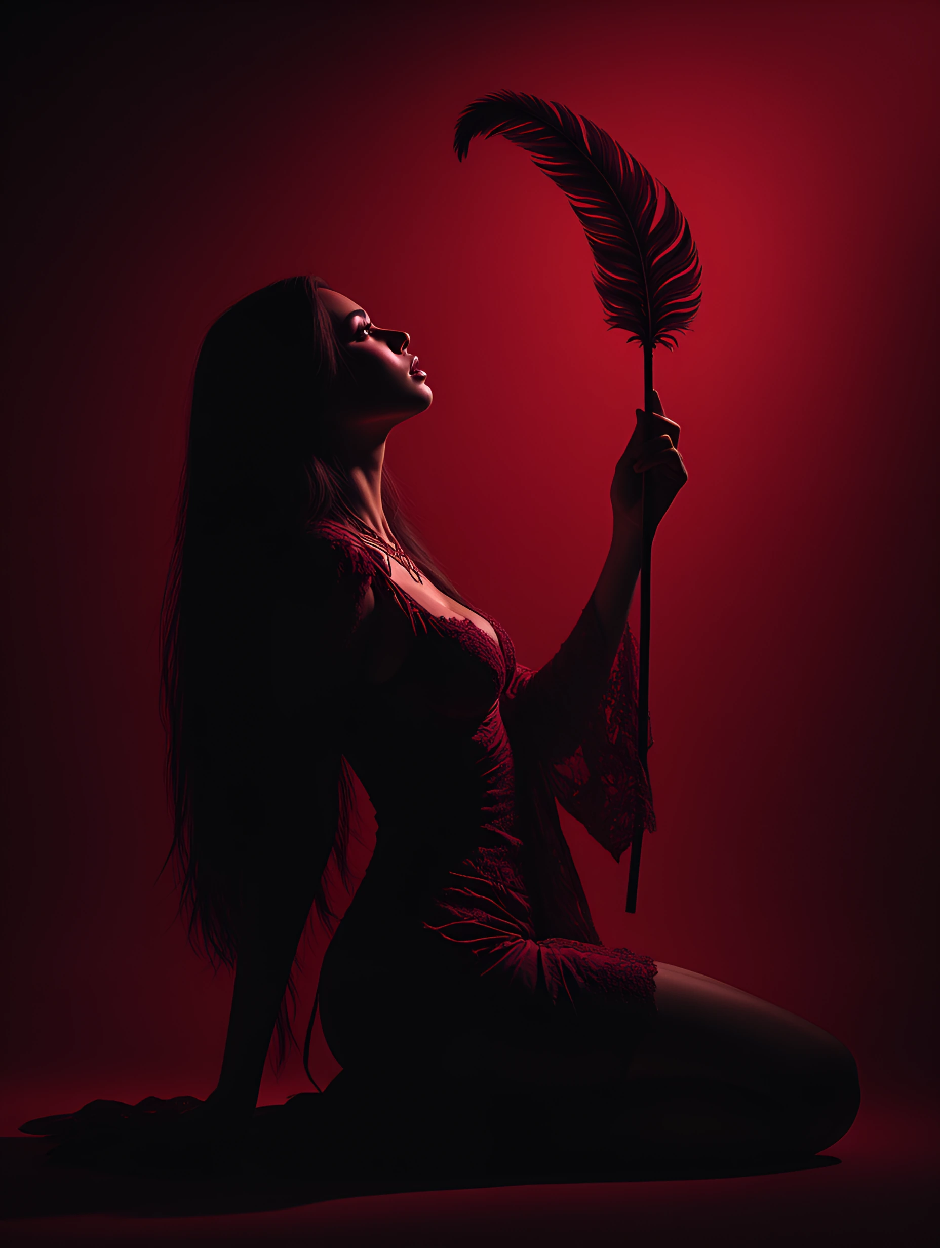 # Red Velvet Dream A woman kneels against a deep crimson backdrop, her silhouette dramatically lit. She wears ornate burgundy lace, her dark hair cascading past her shoulders. Her gaze lifts upward with ethereal grace, profile sharp and contemplative