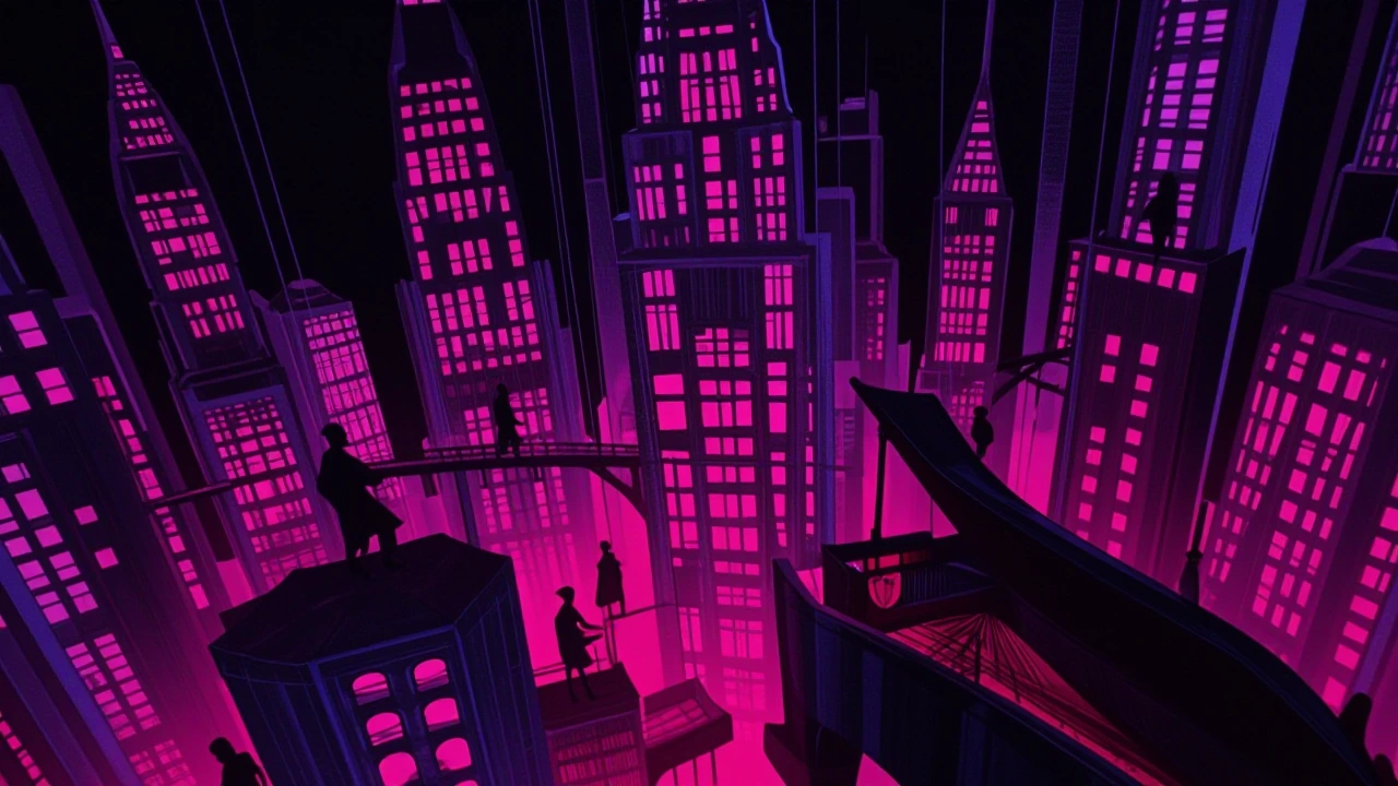 Midnight symphony collapsing: a sprawling city where every skyscraper is a grand piano, every tower a violin, every bridge a harp—all glowing in elect