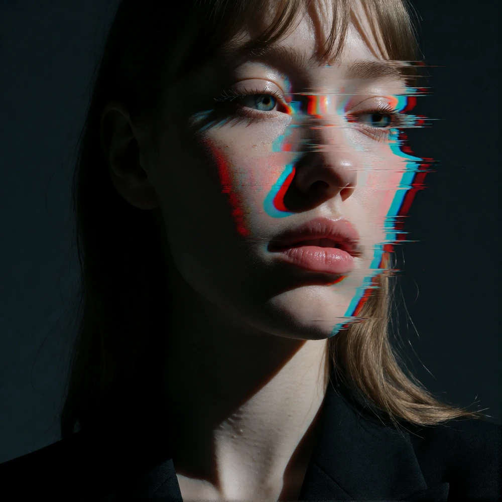 portrait of a woman, photorealistic style, but her face is distorted with a horizontal digital glitch effect. the features on her face are offset and sliced diagonally, creating a data-moshed look with color channel separation in red and cyan. the gl