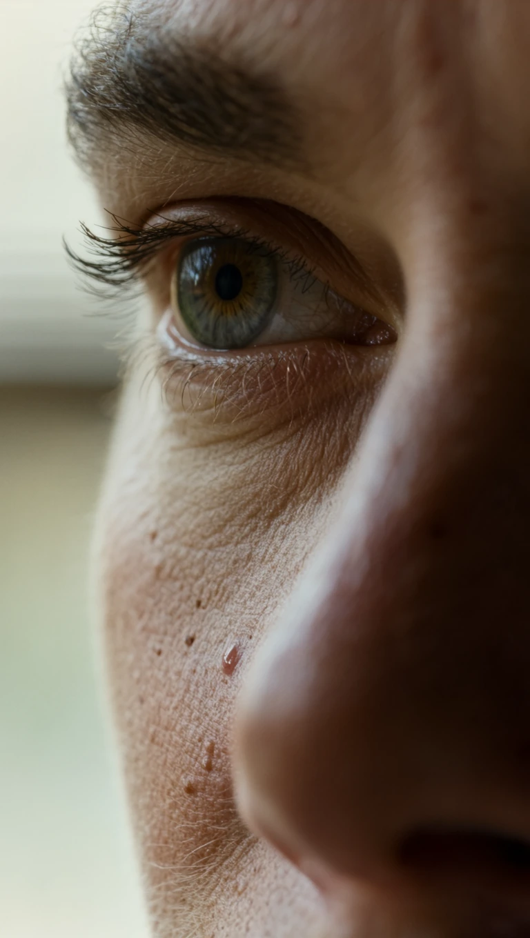 A raw, unedited, hyper-realistic candid portrait photograph of a real person, a 28-year-old woman. This is a tight close-up shot focusing specifically on the delicate texture of her skin on her cheek, nose bridge, and around her eyes. The depth of fi