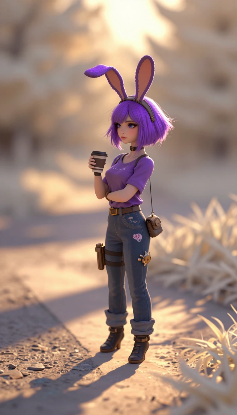 beautiful and elegant steampunk woman bright purple bob cut hair, bunny ears, purple Tshirt and jeans, coffee, artsy background, airbrushed realistic 