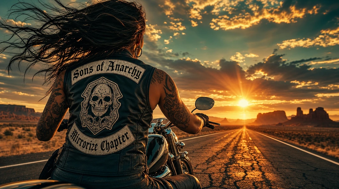 Capture a cinematic close-up shot of a female biker's back as she rides a Harley-Davidson motorcycle down a cracked asphalt desert highway toward a blazing sunset. Her long dark hair whips and streams dramatically in the wind. She wears a fitted blac