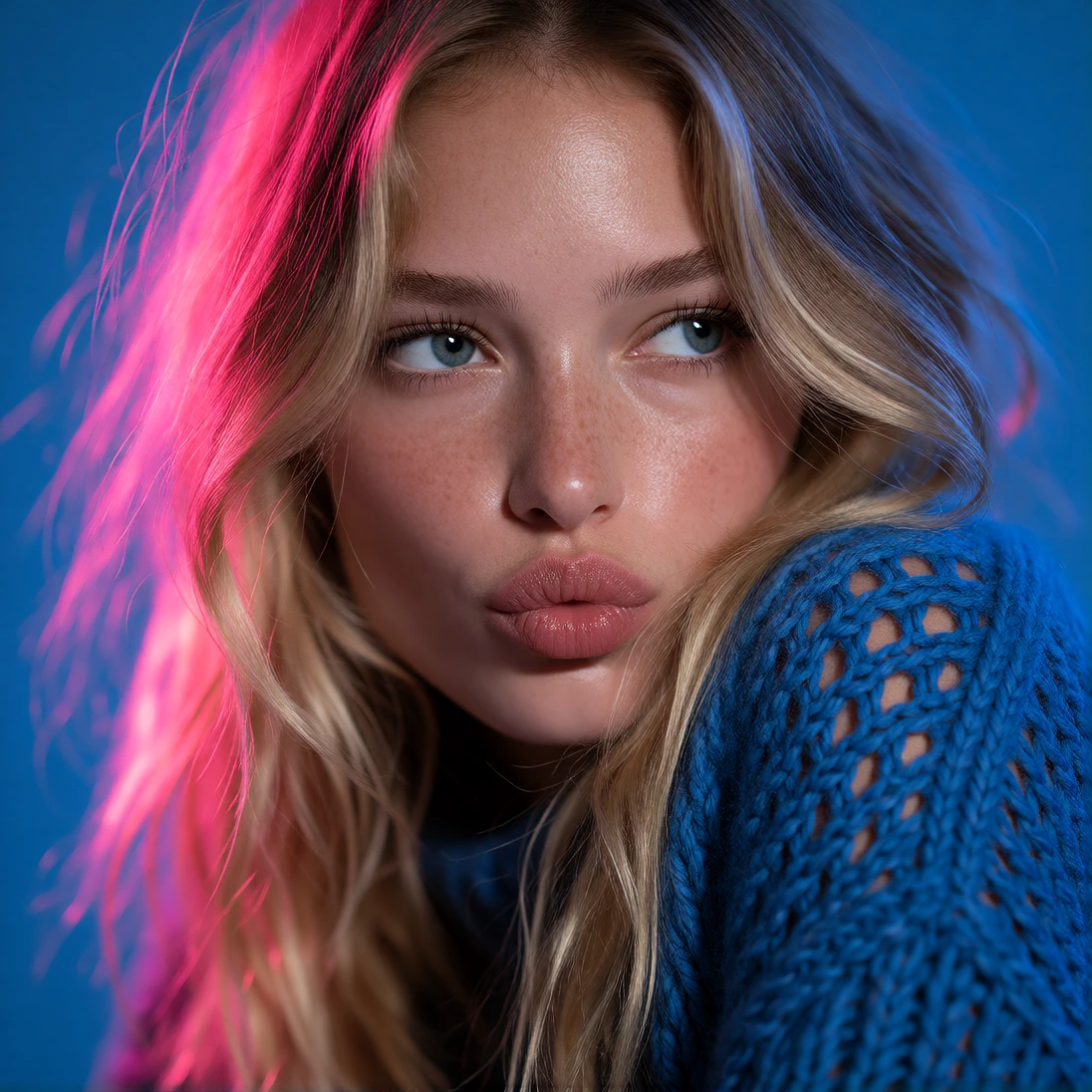 Studio portraiture of a woman with long wavy blonde hair, fair skin with light freckles across her nose and cheeks, and blue eyes gazing off to the side, her lips pursed forward in a pouting expression. She wears a chunky blue knit sweater with an op