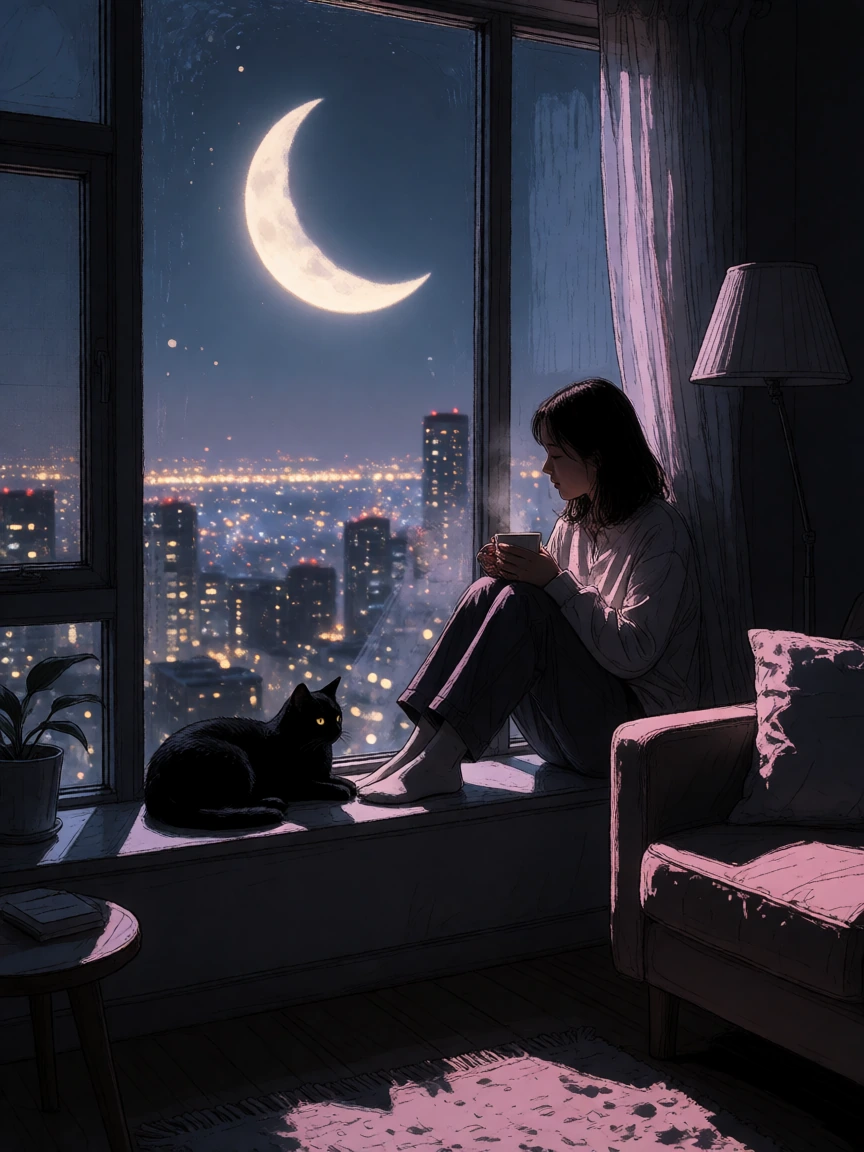 A moody, atmospheric evening scene in a cozy high-rise apartment. A woman sits by a large pane window, holding a steaming mug of tea, while a sleek black cat rests on the wide sill beside her, looking out. Outside the glass, a sprawling city skyline 