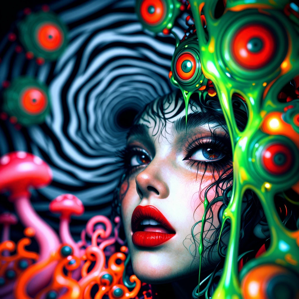 A surreal, psychedelic illustration depicts a grotesque humanoid face merging with organic, alien forms. Multiple glowing red and teal eyes protrude f