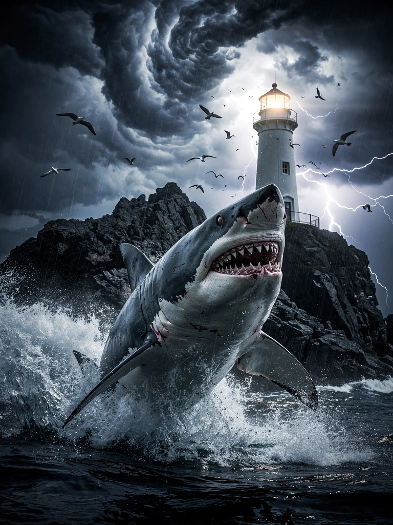 An enormous Great White shark erupting from the ocean beside a storm-battered lighthouse, lightning splitting the sky as towering waves crash against 