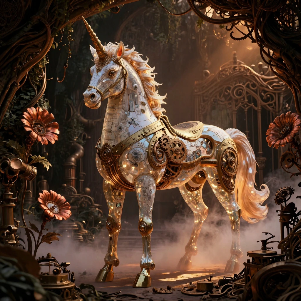 Majestic mechanical steampunk unicorn, intricately detailed brass and copper construction, standing proudly in elaborate Victorian steampunk garden, gleaming golden hour sunlight casting dramatic shadows, ornate gears and cogs visible throughout crys