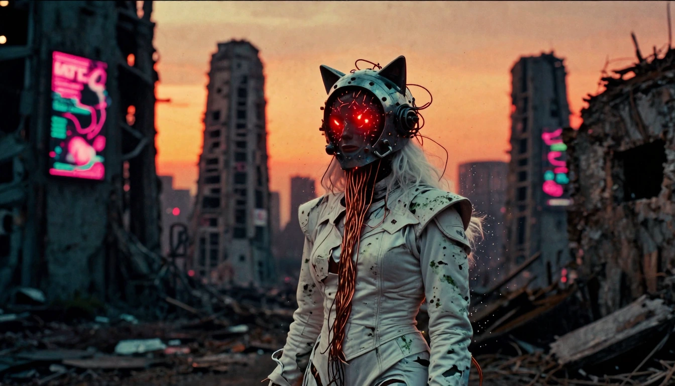 solitary figure in decayed megastructure wasteland, toxic rust-orange sky bleeding neon pink, crumbling concrete towers with flickering holographic ad