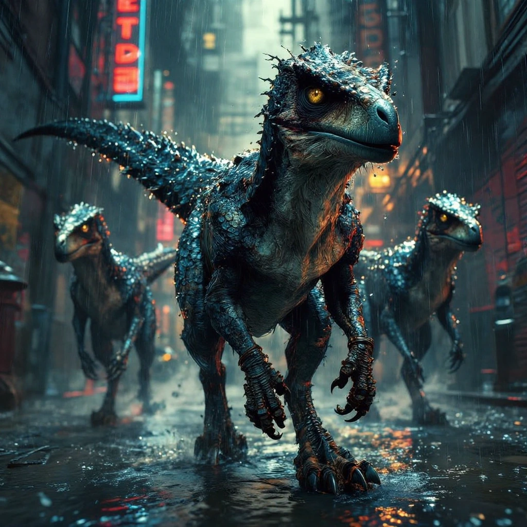 A pack of 3 genetically modified raptors in a hyper-moody, rain-slicked urban alleyway at night. The lead raptor is mid-lunge, claws extended, muscles rippling with tension, eyes glowing with an intense amber predatory light. Water droplets frozen in