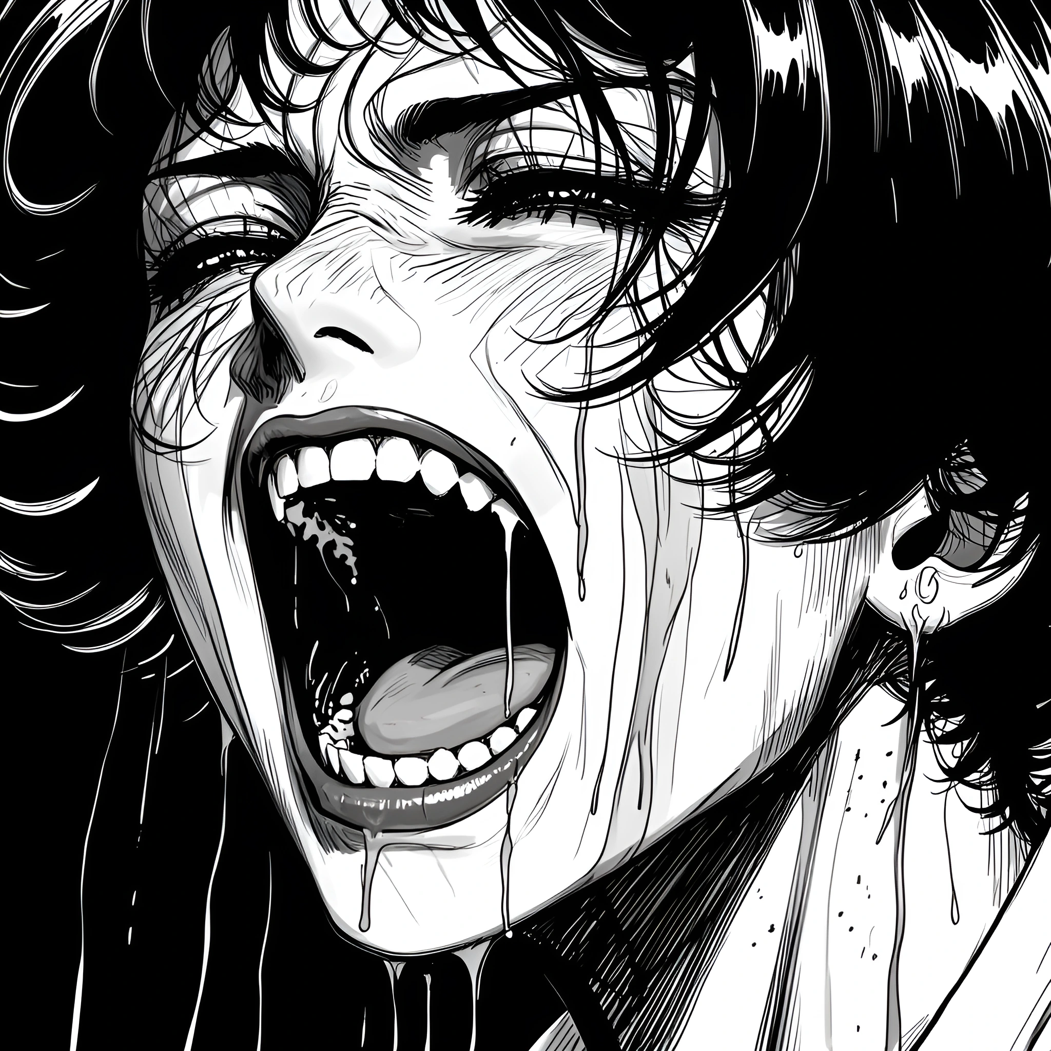 Create a black and white manga-style illustration depicting a close-up of a human face in extreme distress. The subject's mouth is wide open in a silent scream, showcasing the teeth. Thick, viscous liquid drips from the eyes, nose, and mouth, creatin