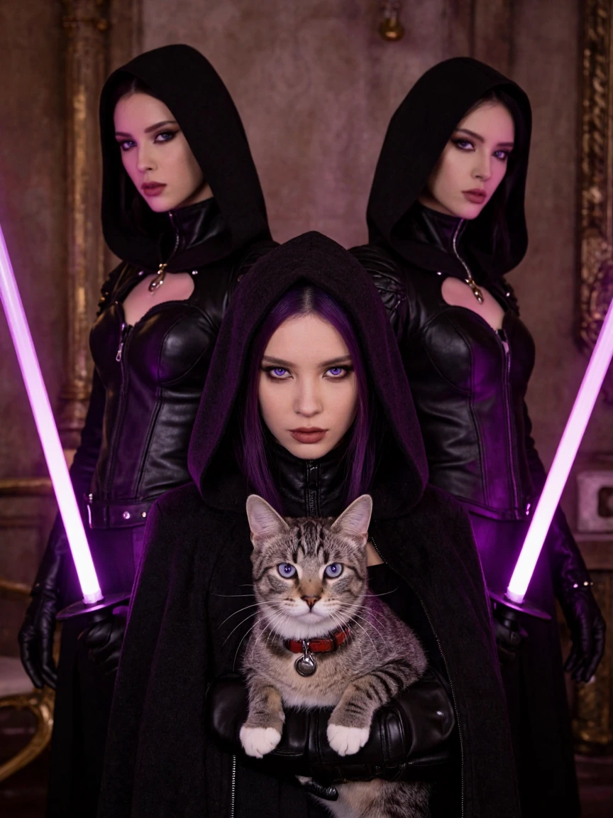 beautiful, cyberpunk, goth hooded Jedi knights with lightsabers and cats, futuristic, and vintage vibe. Lavender eyes for both the cat and the woman.