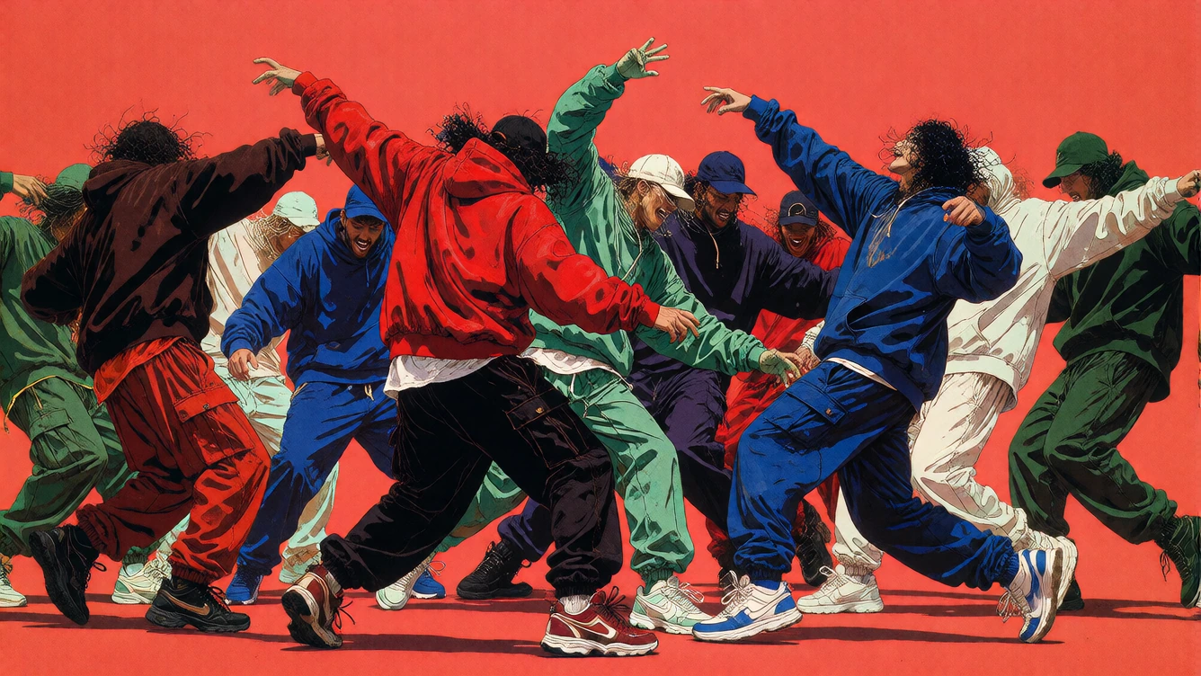 16:9 keyframe, high-grade illustration mixed with raw hand-drawn animation, bold imperfect black lines, avant-garde style locked 1:1 to the provided sref --sref 3289673137 3158031409 Theme: “dance until we die” A wide cinematic composition on a flat,