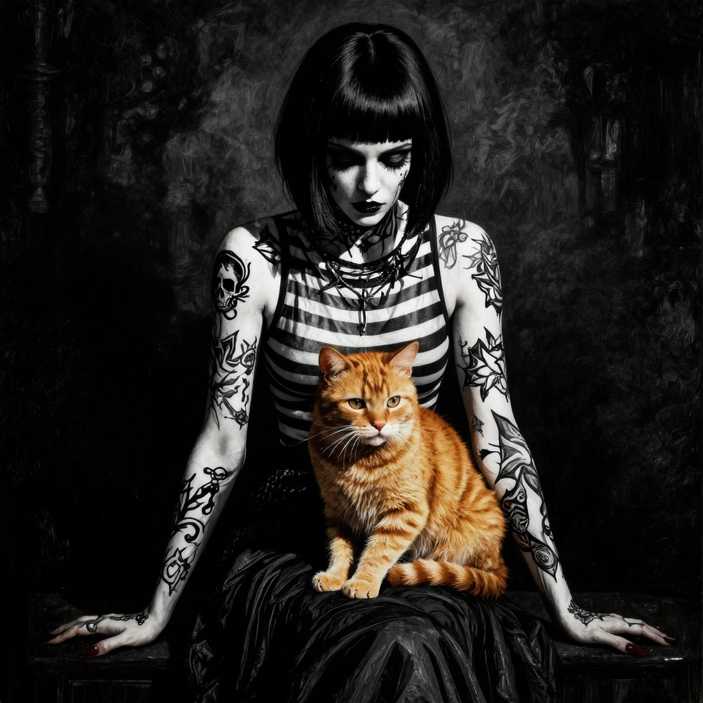 Viol3tVis1ons This is a digital drawing rendered in a dark, moody, and dramatic style, showcasing a woman with a striking, edgy aesthetic. The subject is a woman with a pale, possibly tattooed skin, featuring intricate black ink designs on both arms,