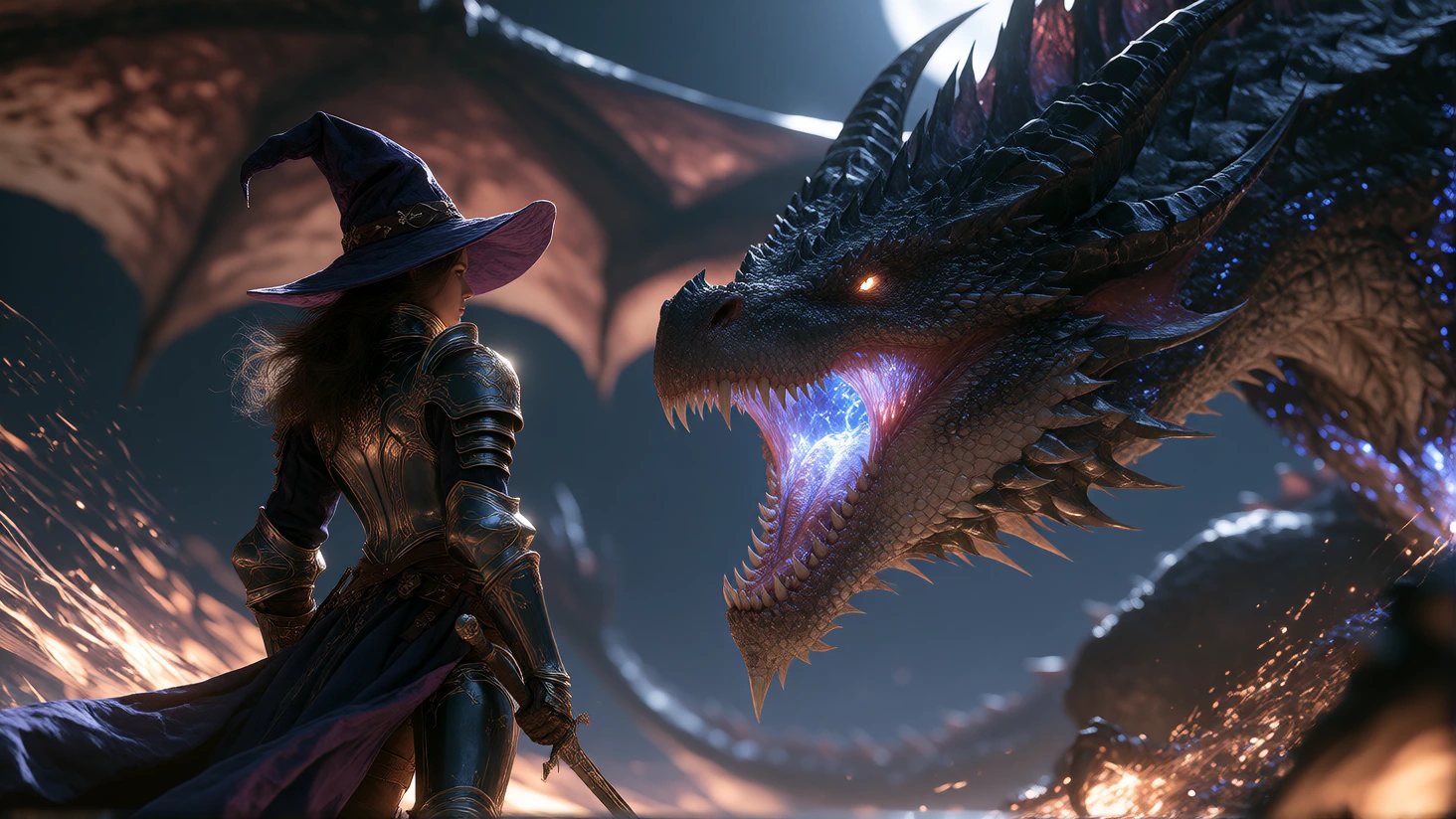 A tall woman in a hybrid armor suit merging medieval Valkyrie plate with tailcoat magician's silhouette, facing a dragon emerging in the darkness unde