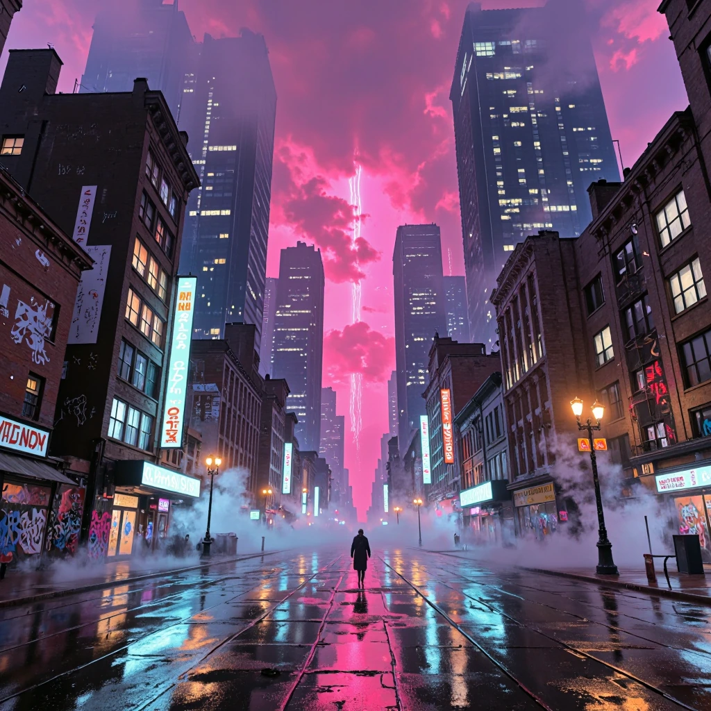 A sprawling neon-lit metropolis at dusk, street signs deliberately absent or obscured, towering Art Deco and brutalist skyscrapers converging in disorienting perspective, rain-slicked asphalt reflecting vibrant magenta and cyan neon lights, atmospher