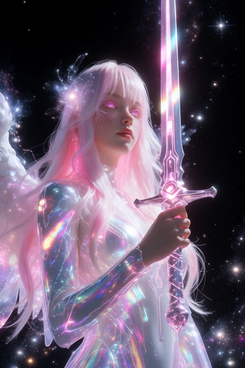cyber angel, pink and white long hair, pink glowing eyes, wielding a glowing cyber sword, cosmic, ethereal, iridescent
