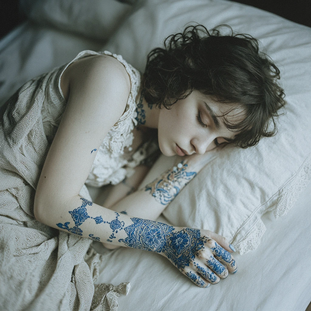 young woman sleeping in bed with blue henna tattoos on her arms