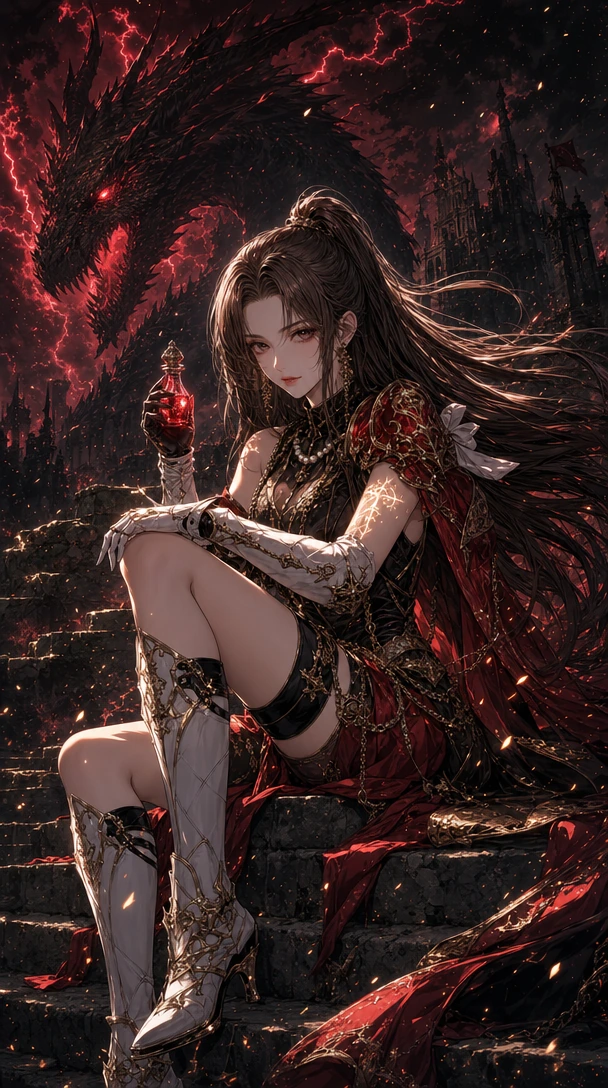 Dark fantasy anime key visual, AAA Japanese RPG promotional artwork, premium anime painting, clean thick-and-thin linework, rich painted shadows, cinematic hard lighting, glowing magical effects, gold sparks, masterpiece quality. Seated on ancient cr