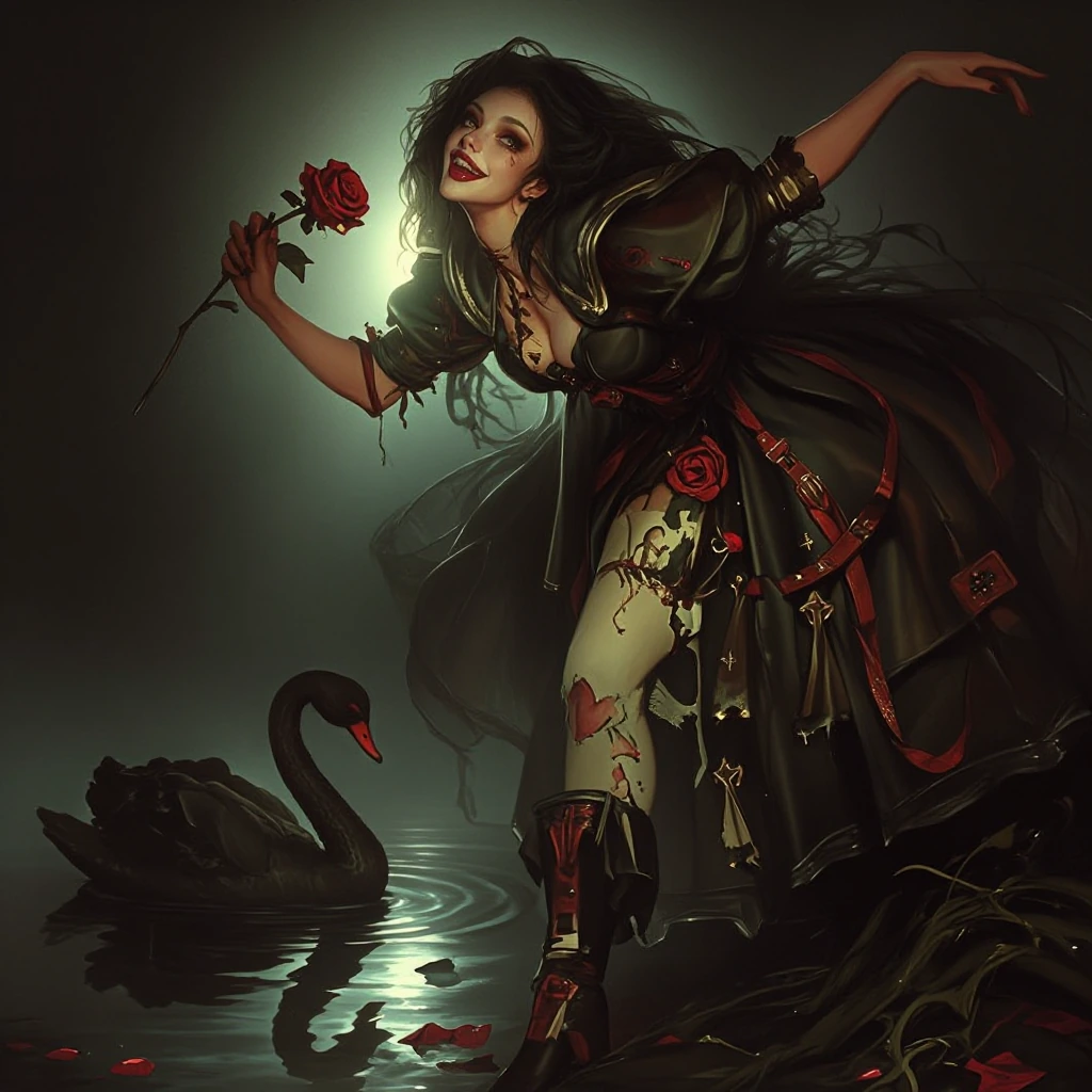 surreal, full-body view of a gothic ballerina, creepy but tough smile, dark eyes and red lips, tattered dress of ripped tule, she stands next to an abandoned lake, exaggerated pose, she holds a bloody red rose, her reflection in the water, a black sw