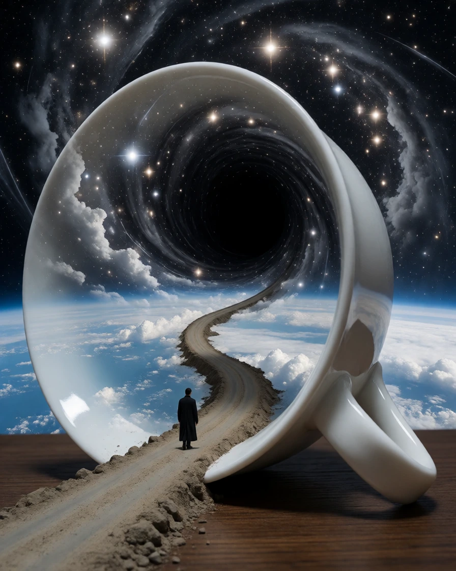 A colossal white porcelain teacup resting on a dark wooden table, photographed from a low three-quarter angle, the entire surreal universe contained i