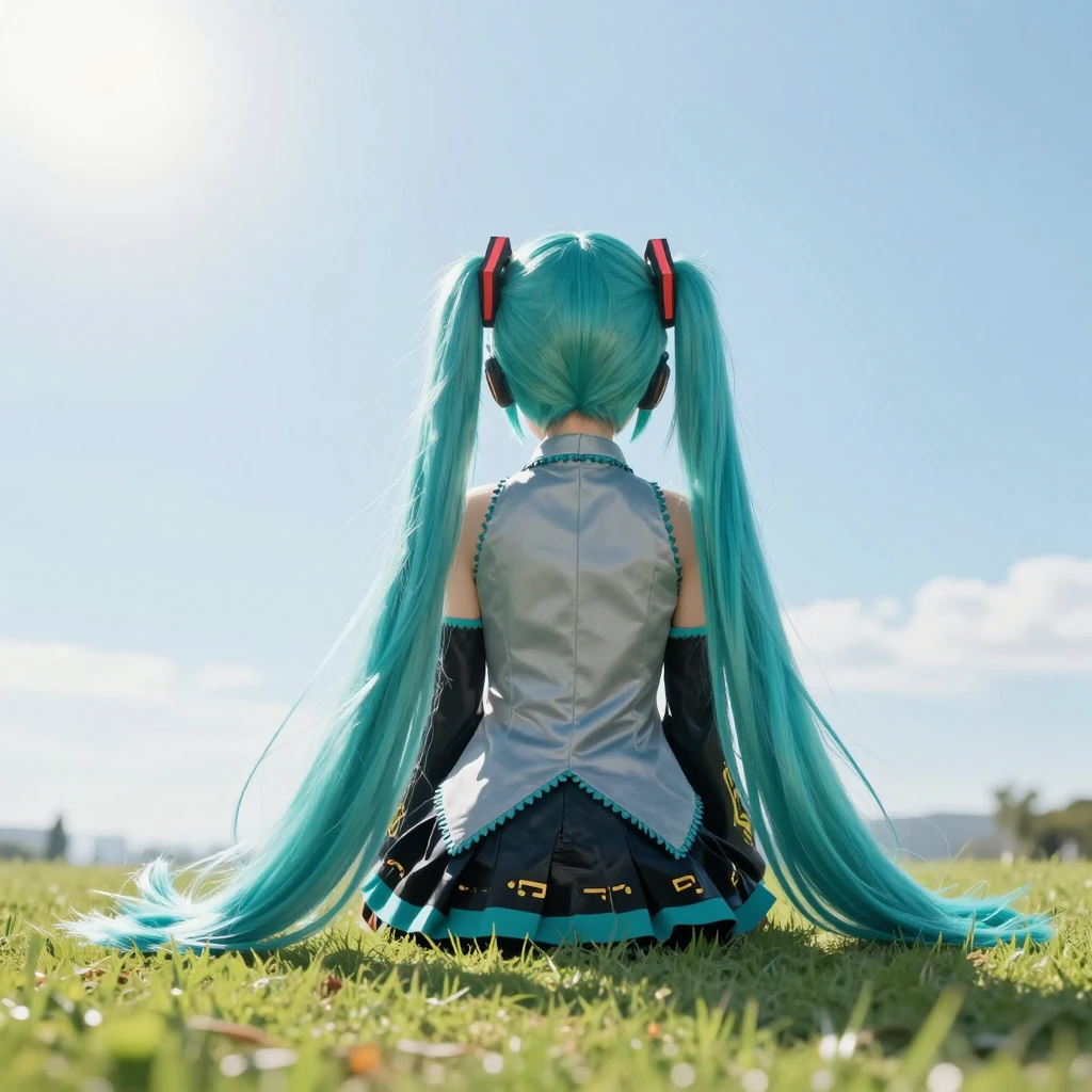 SemiFrealism, Jeddtl02, 748cmstyle, (masterpiece, best quality, very aesthetic, amazing quality, absurdres, newest), BREAK, (1girl, solo, simple background), Hatsune Miku, outdoors, park, sitting, turned away, dress, sky, sun