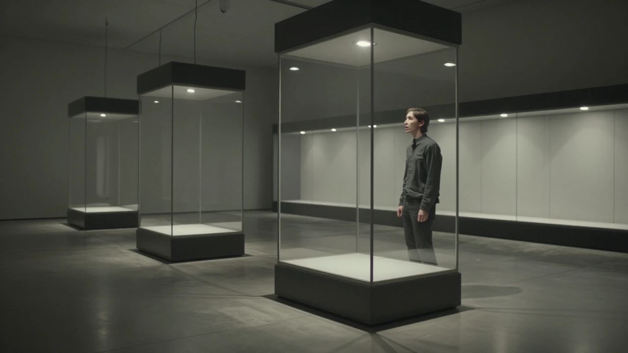 A dimly lit museum gallery with high ceilings and polished concrete floors, walls lined with empty glass display cases illuminated by single overhead spotlights—each case contains only negative space, air, the ghost-shape of an absent object. A lone 