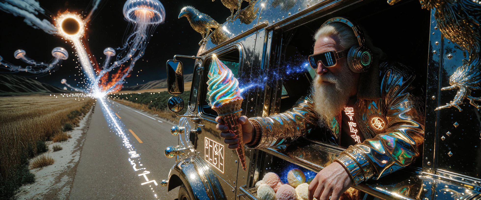 Epic whimsical summer science-fiction scene on an endless sunlit highway crossing Bifröst, an ancient chrome ice-cream truck racing between the Nine Realms while reality changes along the road: one side passes glowing wheat fields beneath twin suns,