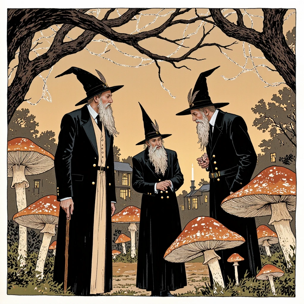 A gathering of tall, slender gnomes in an enchanted forest clearing at dusk, rendered in the style of Arthur Rackham's pen-and-ink illustrationsādelicate cross-hatching, intricate linework, sepia and amber washes. The gnomes wear tailored velvet coat