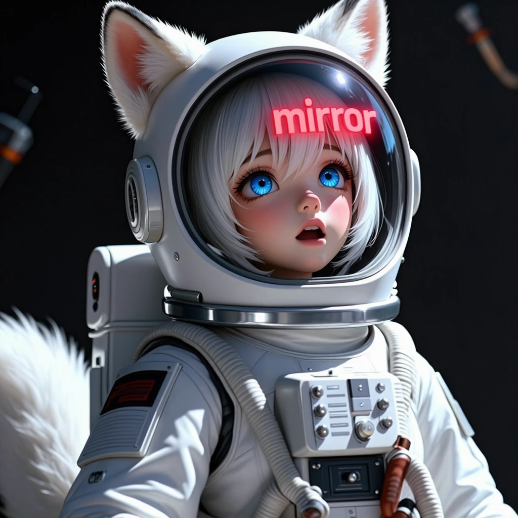 A 21-year-old anthropomorphic fox girl named Kon, beautiful cute face, white fox ears, white fluffy fox tail, short white bob cut hair with bangs, big expressive blue eyes, slight blush. She is wearing a realistic white NASA-style spacesuit in Alien,