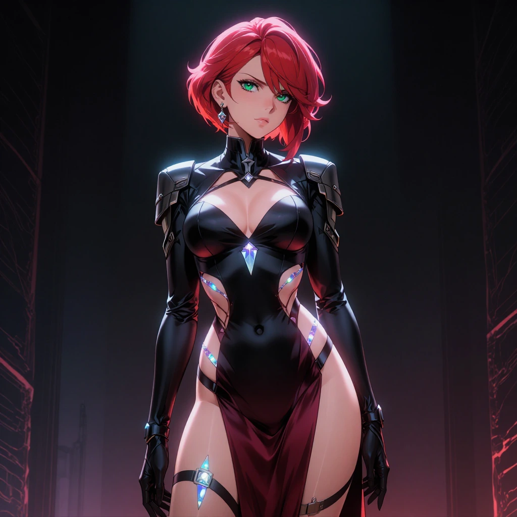 elegant anime woman with vibrant crimson hair and emerald eyes in a high-fashion tactical gown, blac…