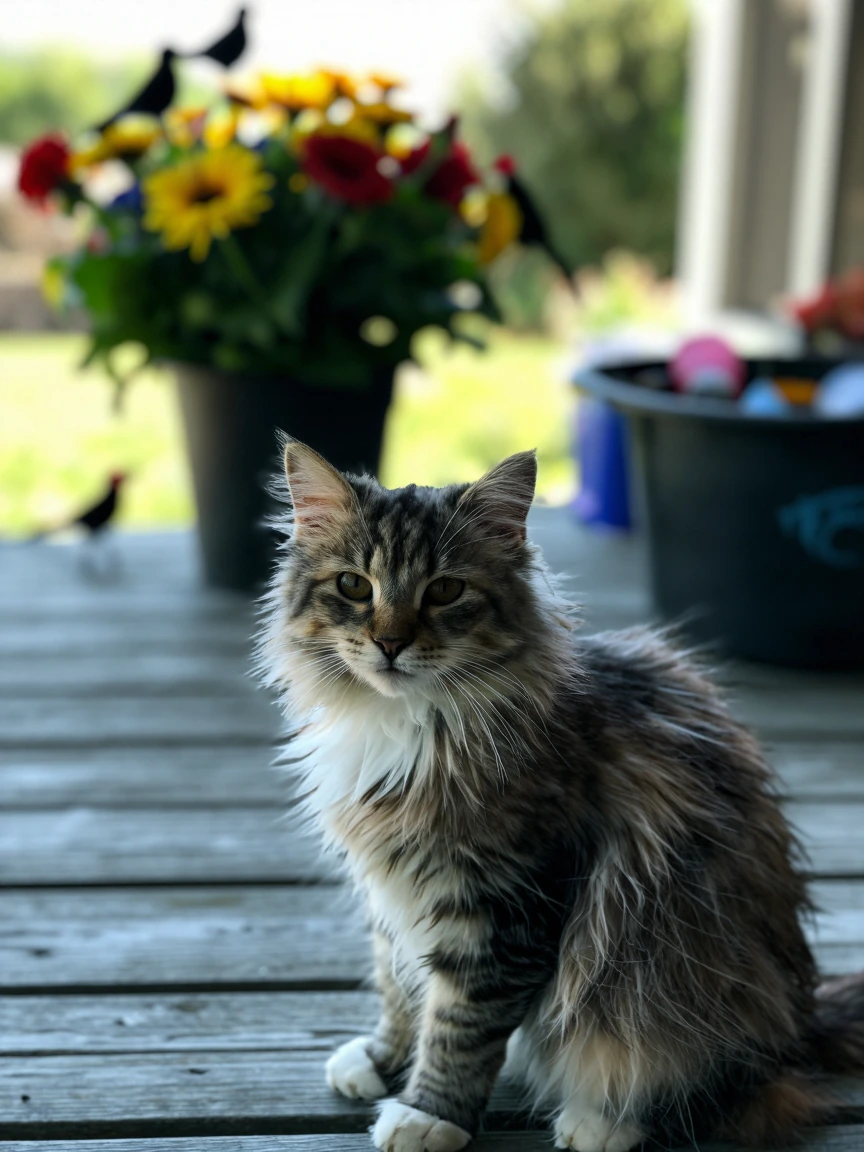 Amateur photograph of a fluffy ragamuffin kitten on a back porch, flowers, birds in the background, normal backyard things