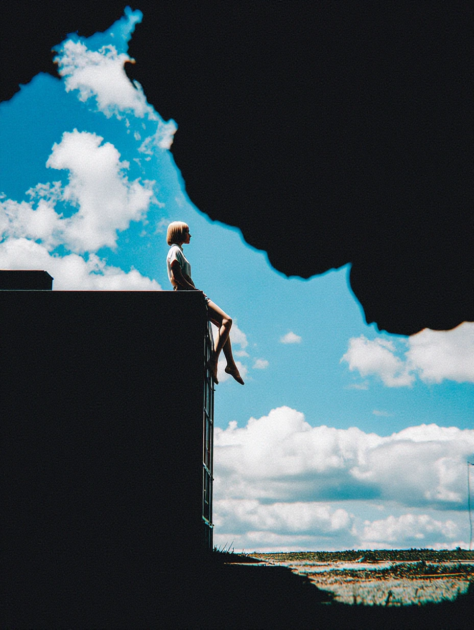 a conceptual illustration. a battle of geometric shapes, a paradoxical image, a different perception of reality, a mysterious fantasy of other dimensions., 1girl, sits on the roof of a shack, bangs, bare legs, barefoot, blue sky, cloud, cloudy sky, d