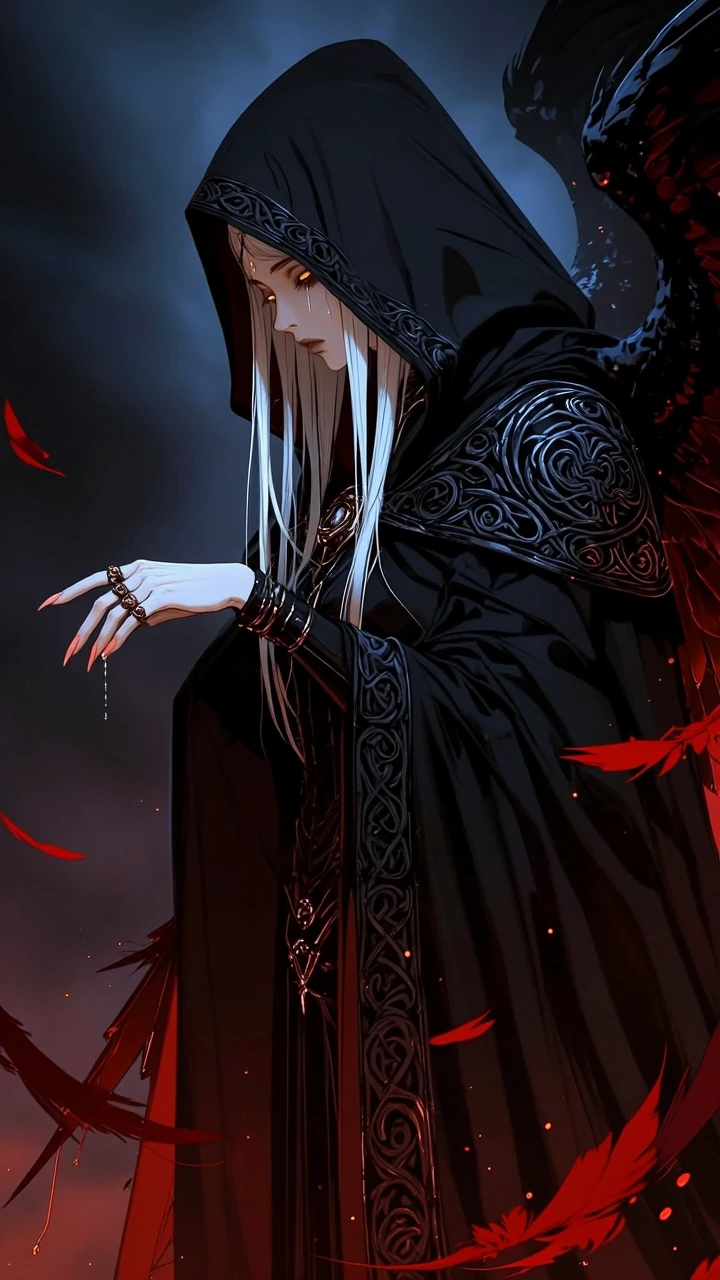 A mysterious dark fantasy sorceress in an black hooded cloak with intricate filigree and Celtic-inspired patterns, her face partially shadowed beneath the deep hood, a single glowing golden yellow eye shining from the center of her forehead, pale ski