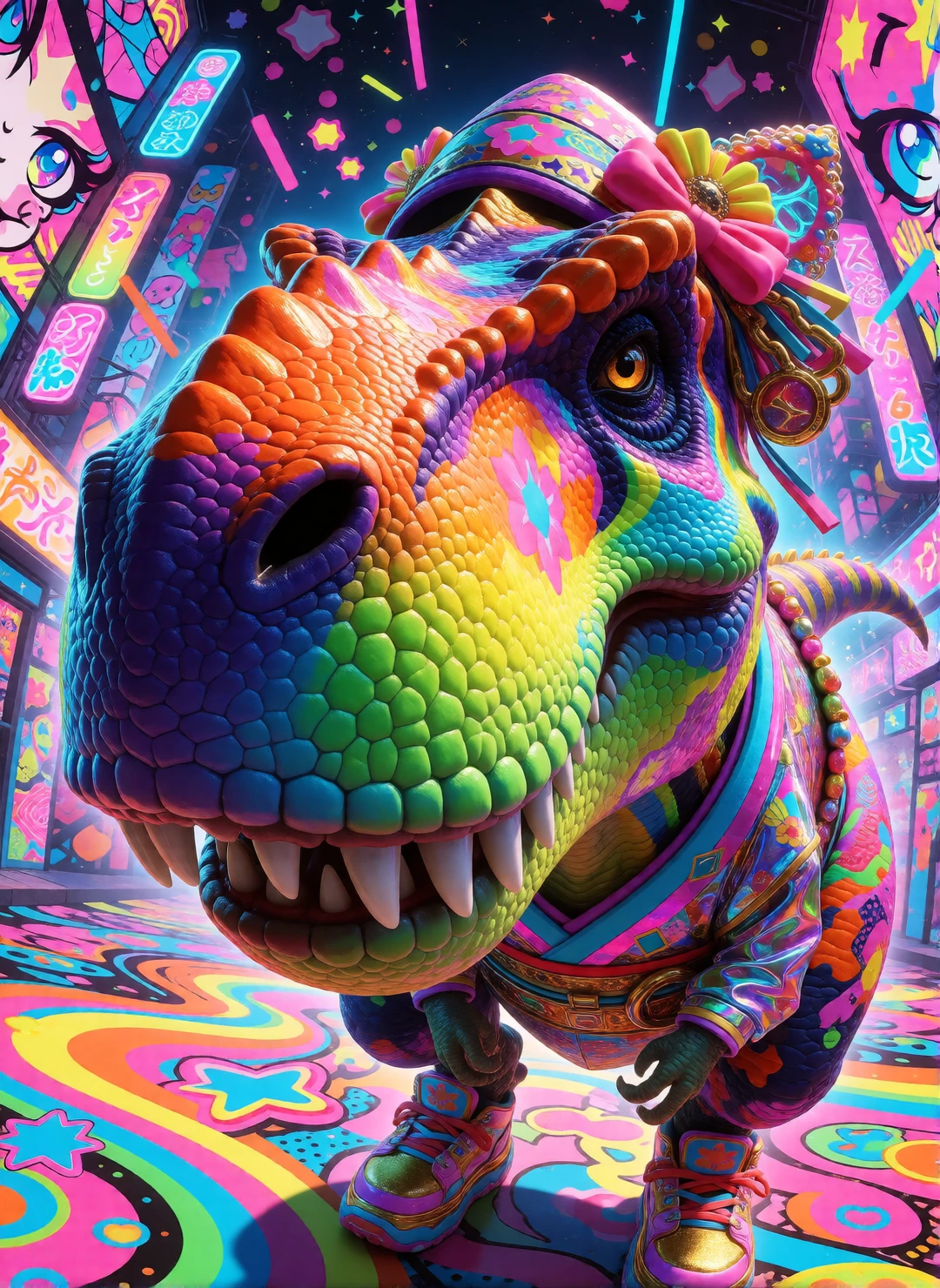 A hyperrealistic Japanese pop art portrait of a Tyranosaurus REx, looking directly into an extreme fisheye camera lens. The scene is an explosion of o