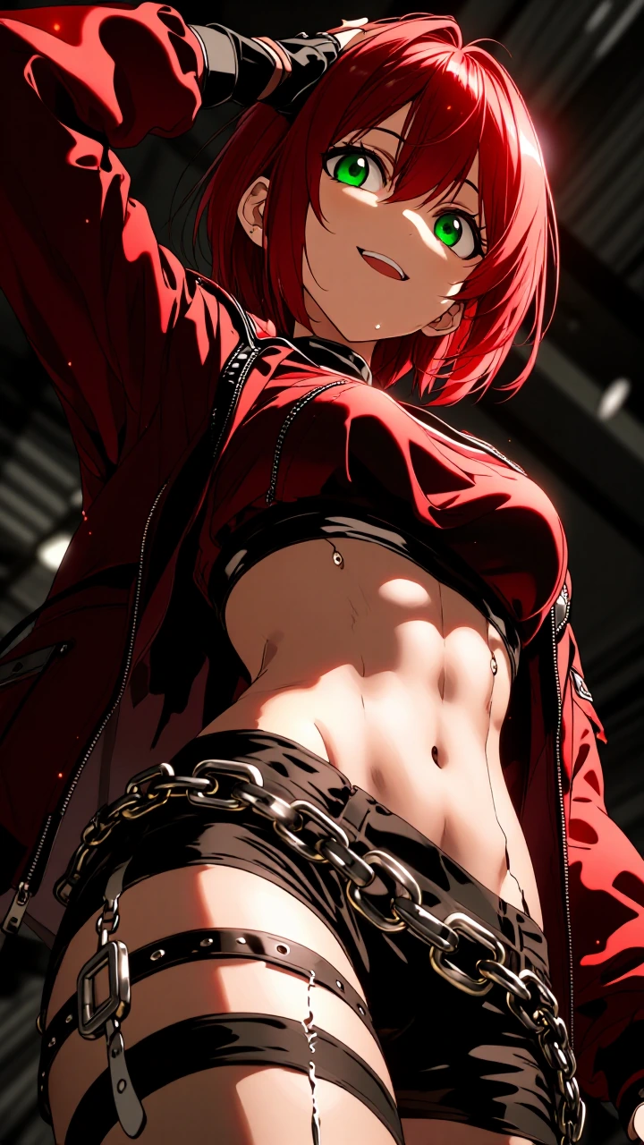 Masterpiece, best quality, ultra-detailed 8K hyperrealistic cinematic anime render, dramatic cinematic lighting with strong side lighting and deep shadows. Close-up of Red Fever from chest to waist, short vibrant red bob, emerald green eyes looking s