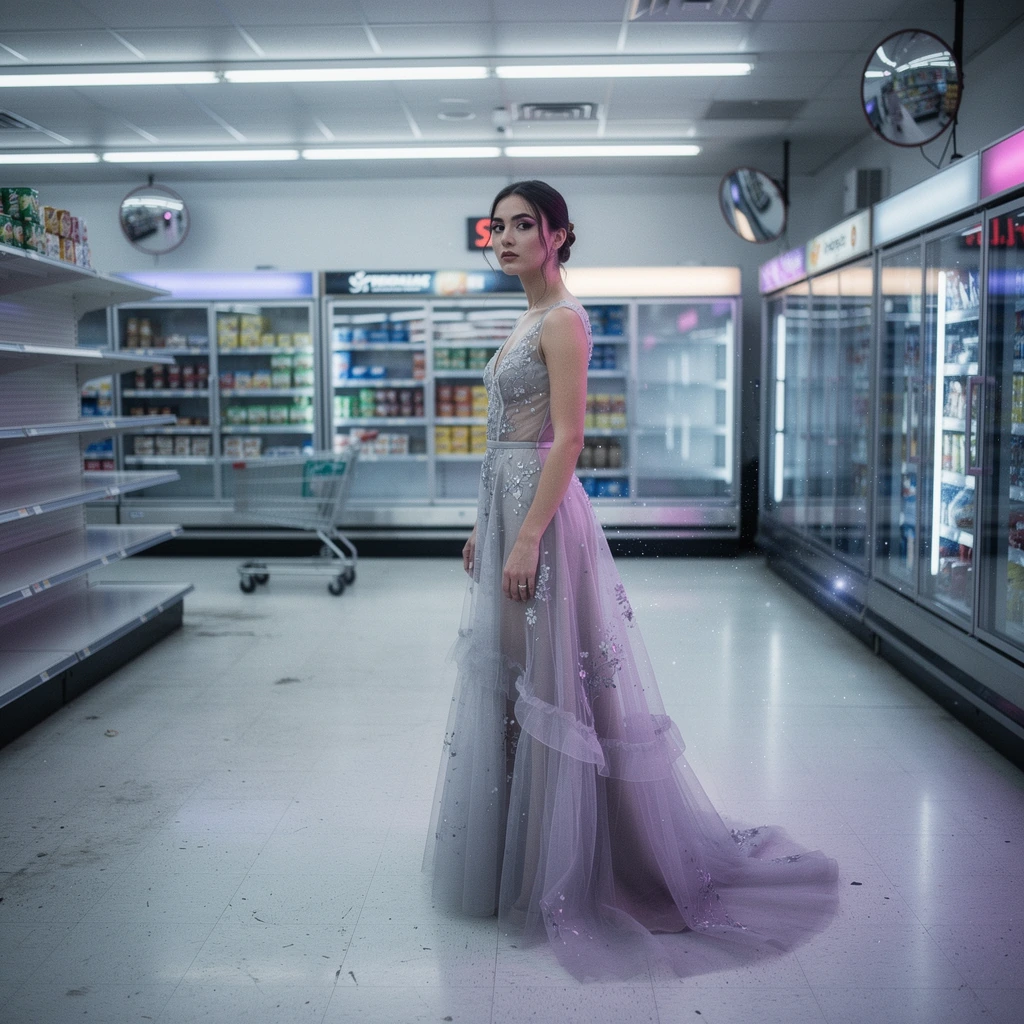 Cinematic psychological sci-fi fashion portrait of an elegant woman standing alone in a nearly empty fluorescent grocery store at 2AM, wearing an ethe