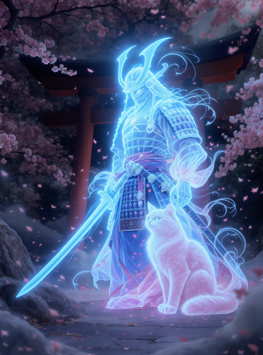 Beautiful Samurai ghost, transparent and luminous, with a ghost cat, cherry blossoms, Torii gate