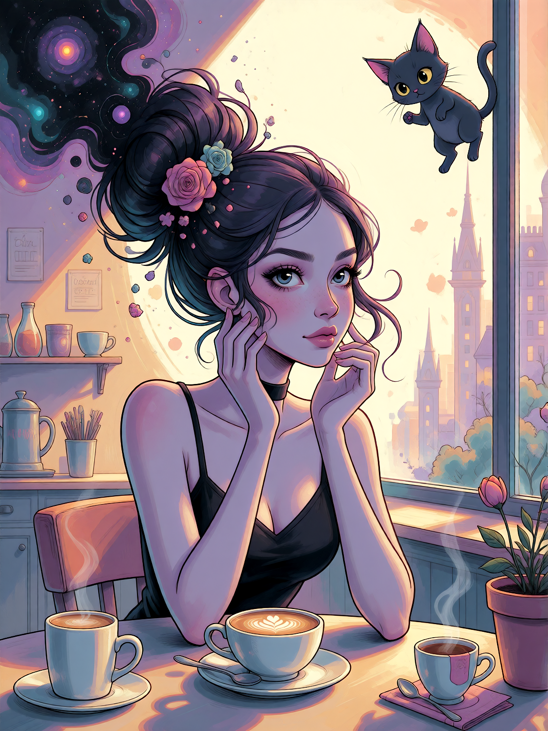 Beautiful lavender woman with a cat at a cafe, weird galaxy themed
