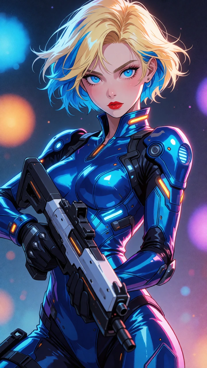 Highly detailed anime/cyberpunk heroine portrait, short tousled blonde hair with vivid electric-blue highlights, large expressive bright-blue eyes, bold red lipstick, intense determined expression, wearing a form-fitting high-gloss metallic-blue body