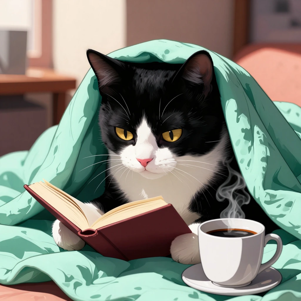 # Cozy Reading Cat A black and white cat with striking golden eyes nestles beneath a soft mint-green blanket, completely absorbed in reading a book. T