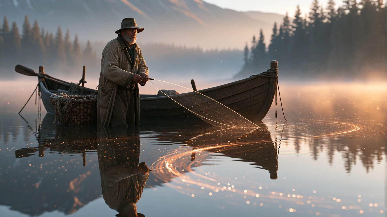 Capture a weathered old fisherman standing kneedeep in perfectly still water at dawn, casting a translucent line that catches only fragments of light 