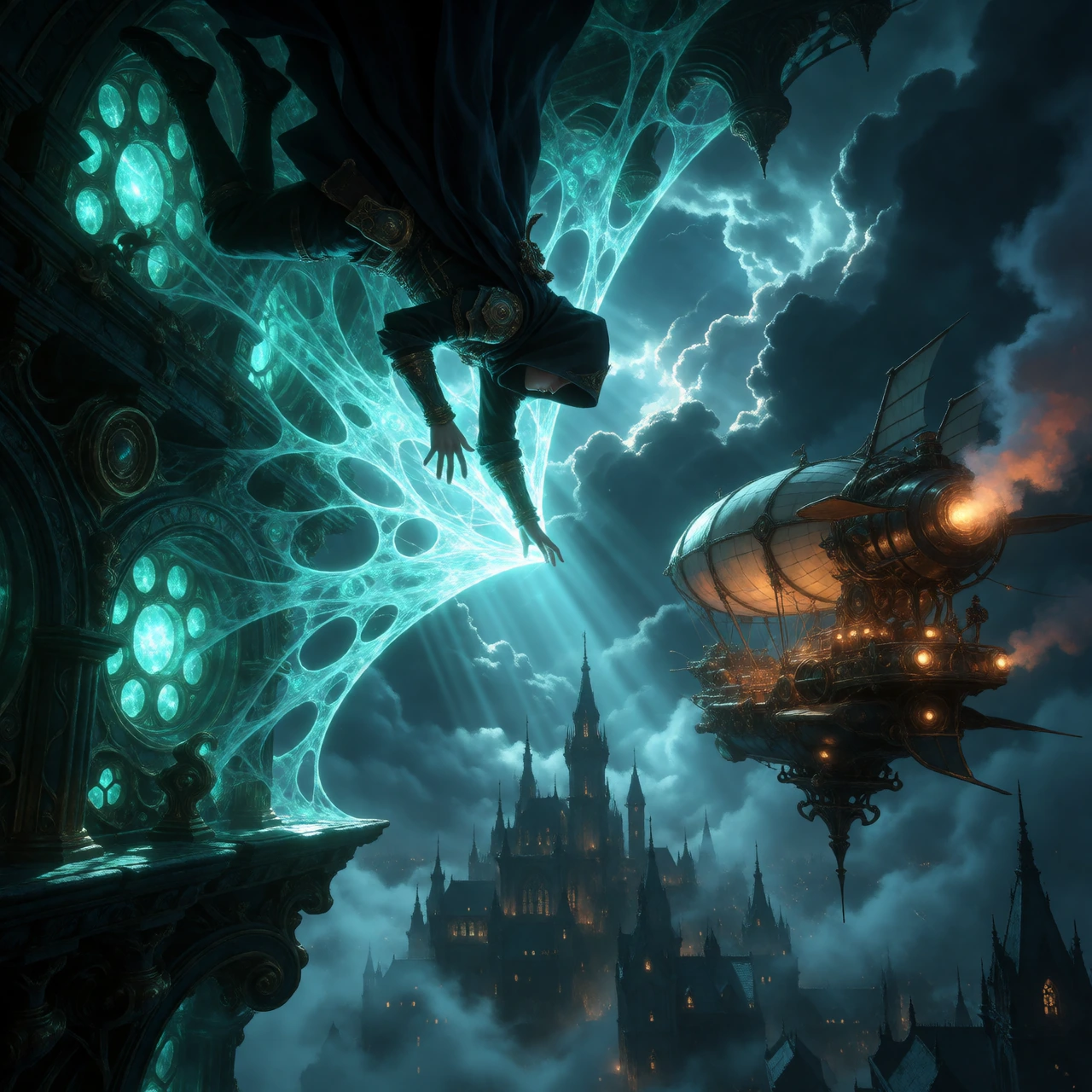 A vertical, dark gothic-steampunk digital painting. A hooded figure in a dark cloak suspended upside down, hands outstretched, weaving a massive, glowing luminescent teal-cyan architectural web structure. Floating to the right is a detailed steampunk