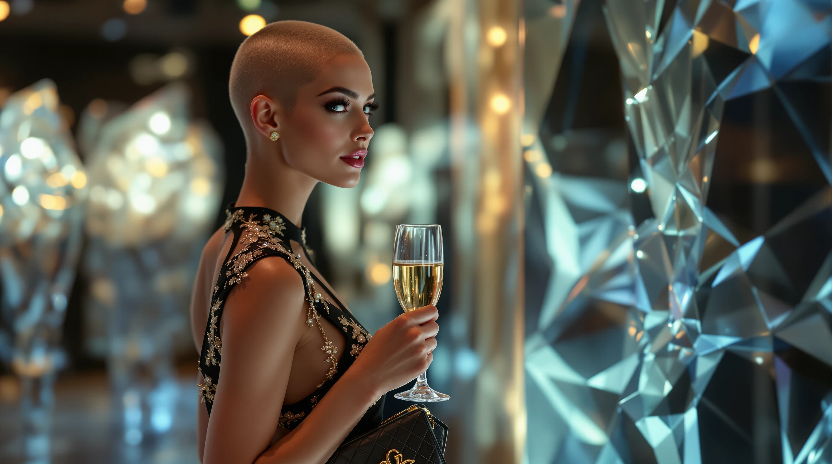A Blonde bombshell supermodel, tall & slender, athletic rather than curvaceous, close-cropped shaven hair, dressed in a short black & gold trimmed and embroidered dress with matching heels, holding a clutch purse of glossy black leather with gold pla