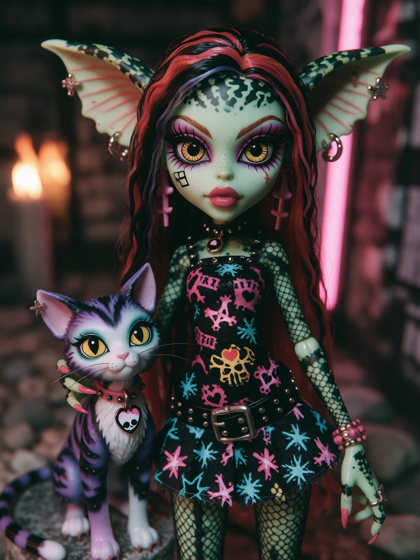Monster High style Gremlin cosplay doll with her cat