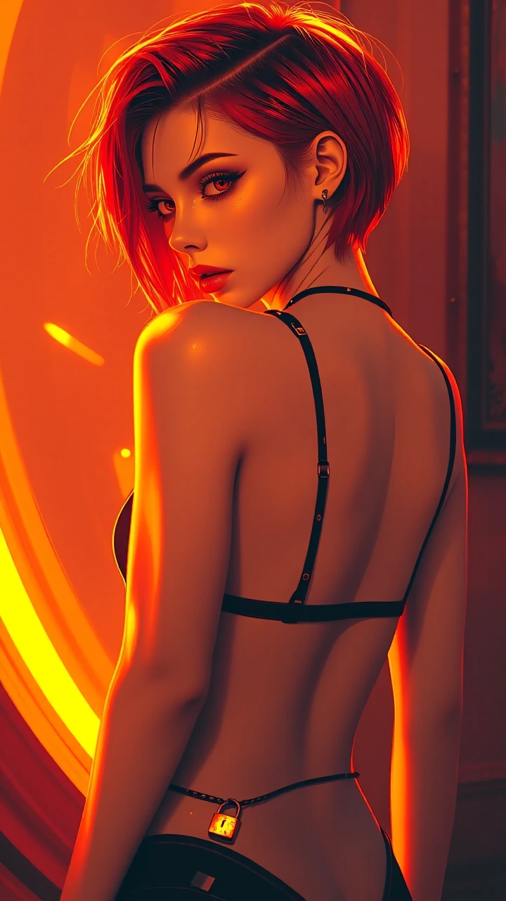 A woman with a sharp asymmetrical crimson bob—one side long and sweeping across her face—sits in profile against warm golden rim lighting. Her skin catches light like wet porcelain with soft subsurface glow; her crimson eyes lock toward the viewer wi