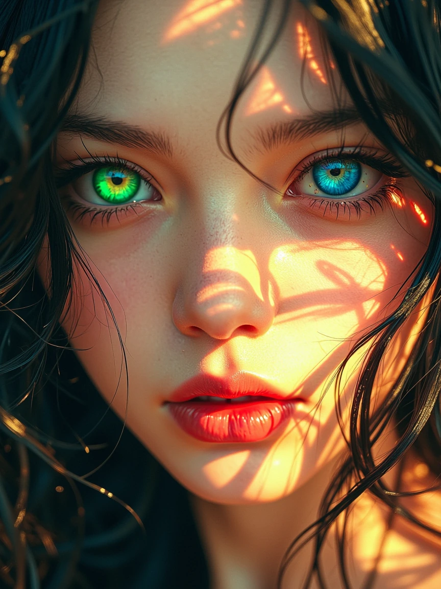 Extreme closeup of a stunningly beautiful young woman with sensual heterochromatic eyes, the left eye a striking bright green and the other a bright peacock blue, deep dimples full crimson lips and lustrous wavy black hair.