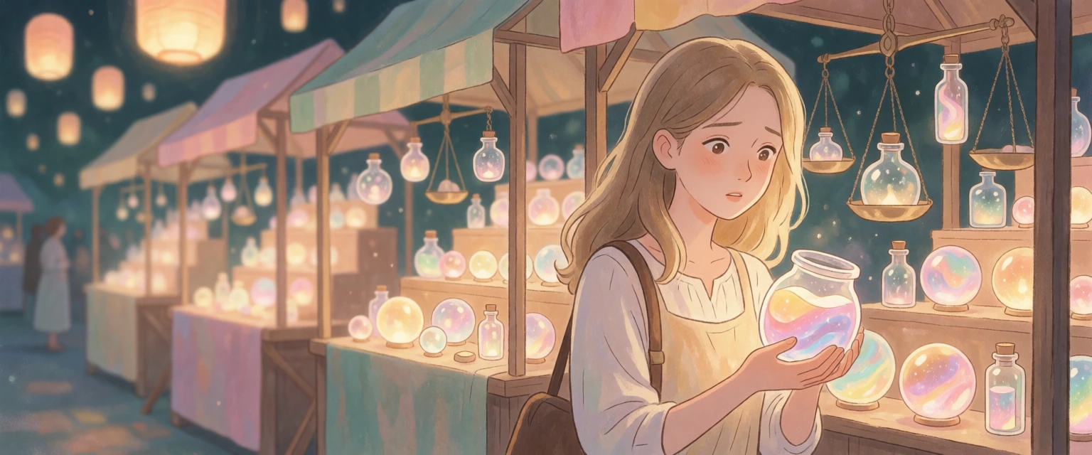 A young woman with light brown-blonde hair at a memory market stall, holding a glowing jar of swirling colors, her expression caught between hesitation and wonder. Behind her, wooden stalls stretch into soft focus, each displaying memories as glowing
